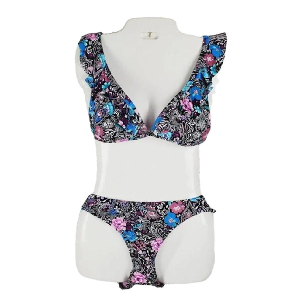 Shade & Shore Tropical Black Floral 2 Piece Swimsuit Ruffled Bikini Set